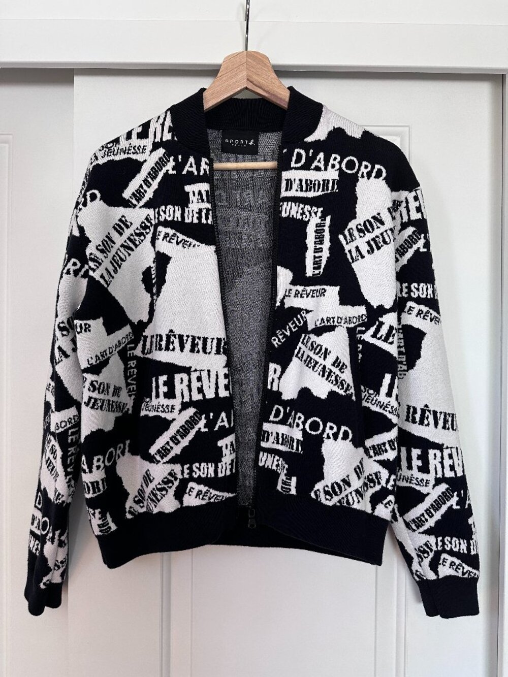 SPORT b. Paris Black & White Jacquard Lettering Zip-Up Sweater Jacket